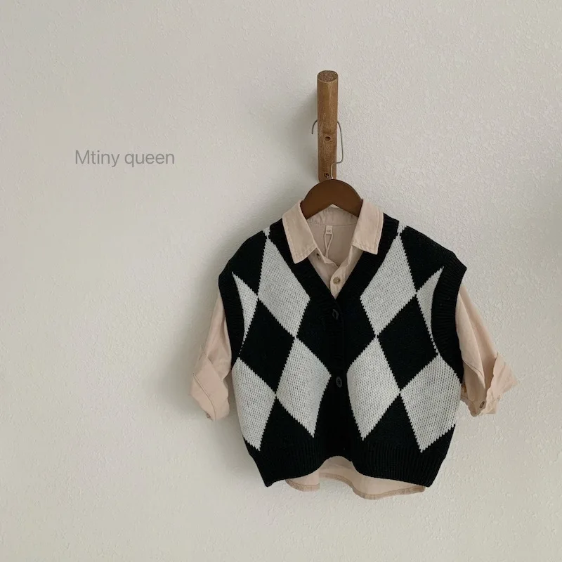 Autumn New Children V-neck Vest Baby Rhombus Plaid Sleeveless Knit Sweater Boys Girls Cardigan Coat Kids Casual Loose Tops