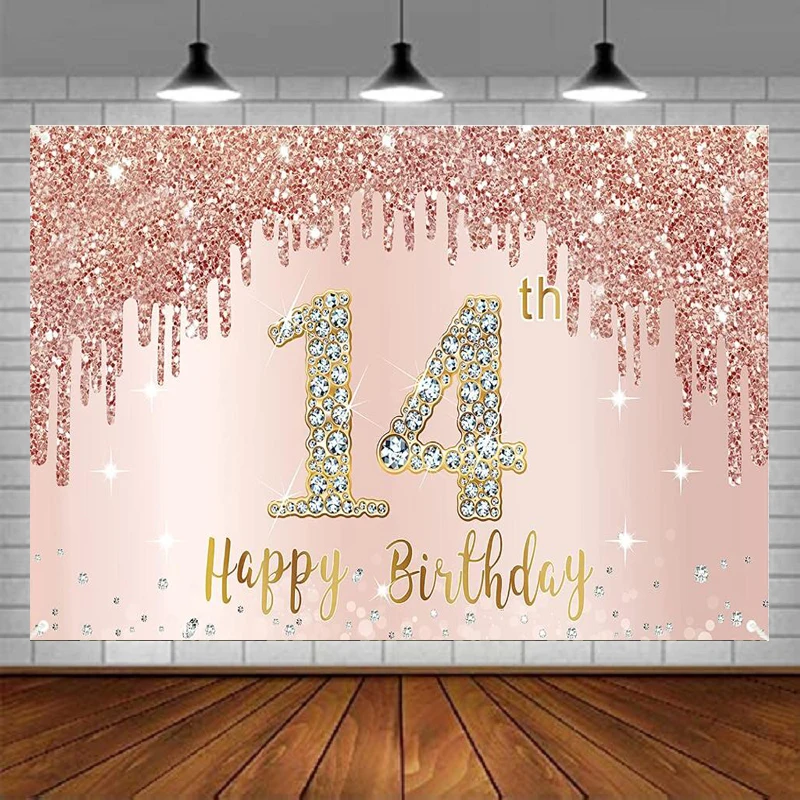 Photography Backdrop For Girls Rose Gold Party Sign Supplies Happy 14Year Old 14th Birthday Poster Pink Background Banner Decor