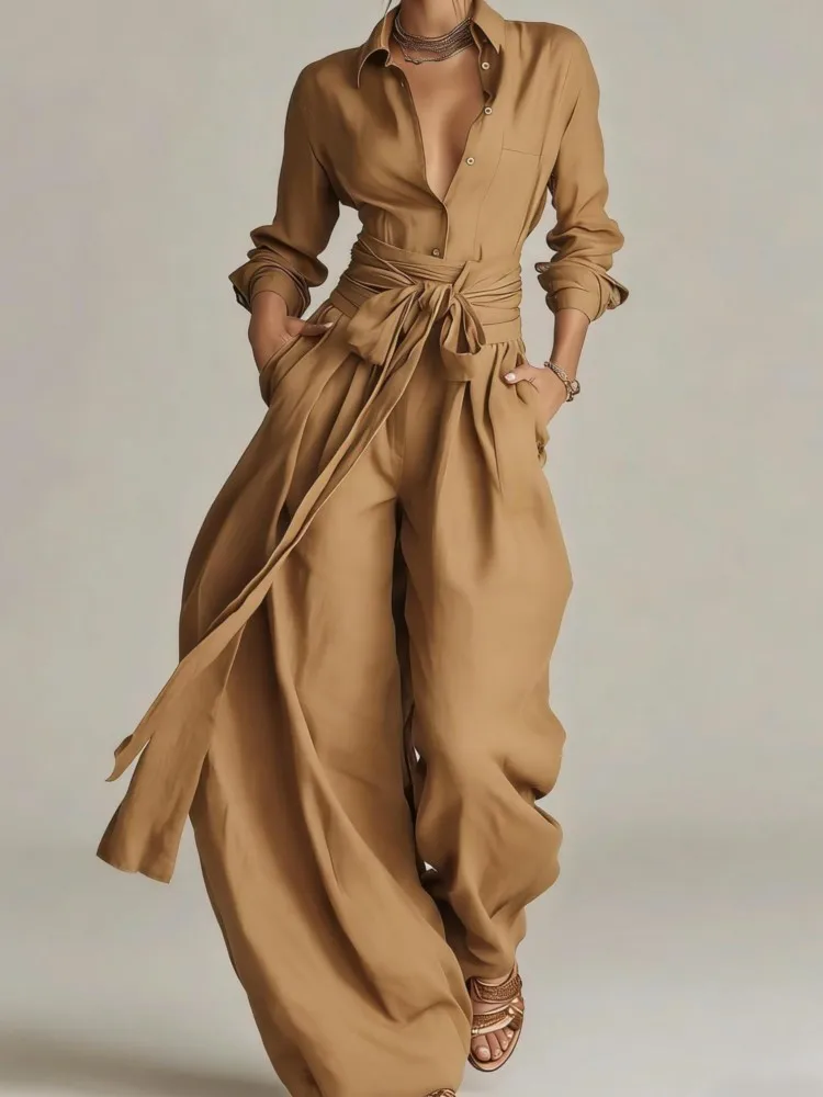 Summer Elegant Commuter Women's Set Fashion Solid Color Button Open Shirt Strap Waist Shirt Casual Wide Leg Pants Two Piece Set