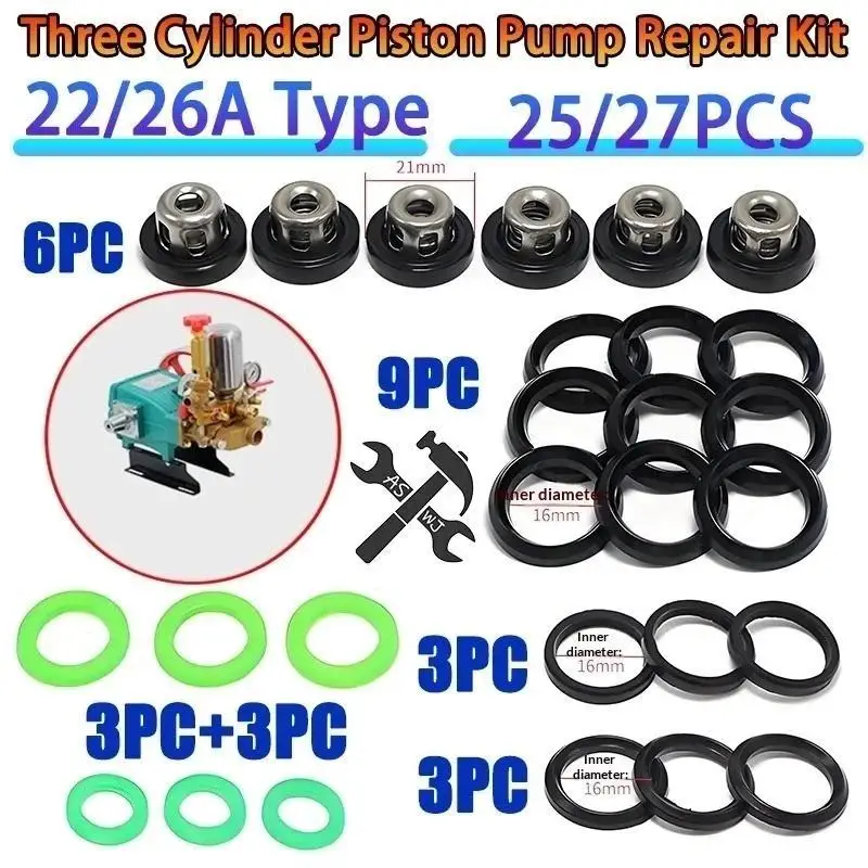 25/27Pcs Three Cylinder Piston Pump Repair Set 22 26A Leakproof Seals for Home Pump Overhaul Repair Works