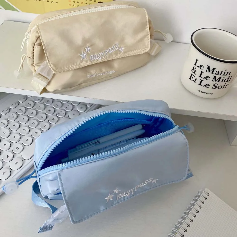 Tempat alat tulis gaya Korea, dompet perjalanan warna Solid, tas pena besar, kantong ritsleting, tas kosmetik gaya Ins Korea