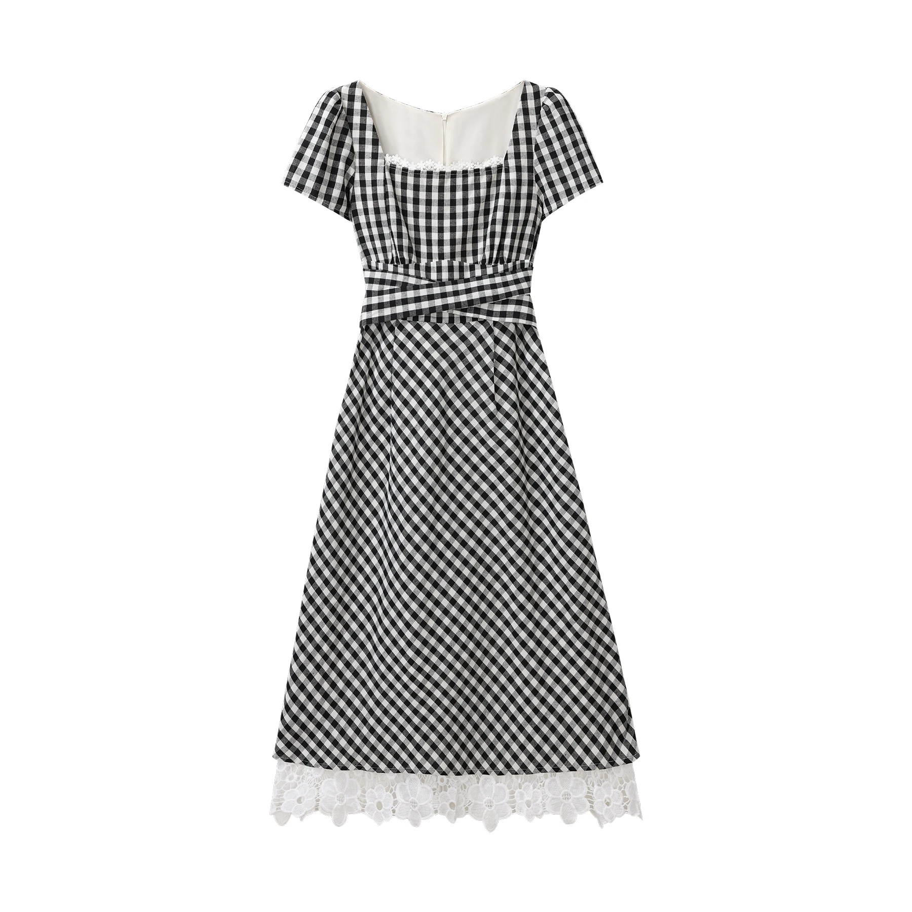 ALXNAN Dames zwarte geruite lange jurk Vierkante hals Kant A-lijn Elegante vakantiejurk 2025, zomer casual kleding Nieuw DYL661795-3