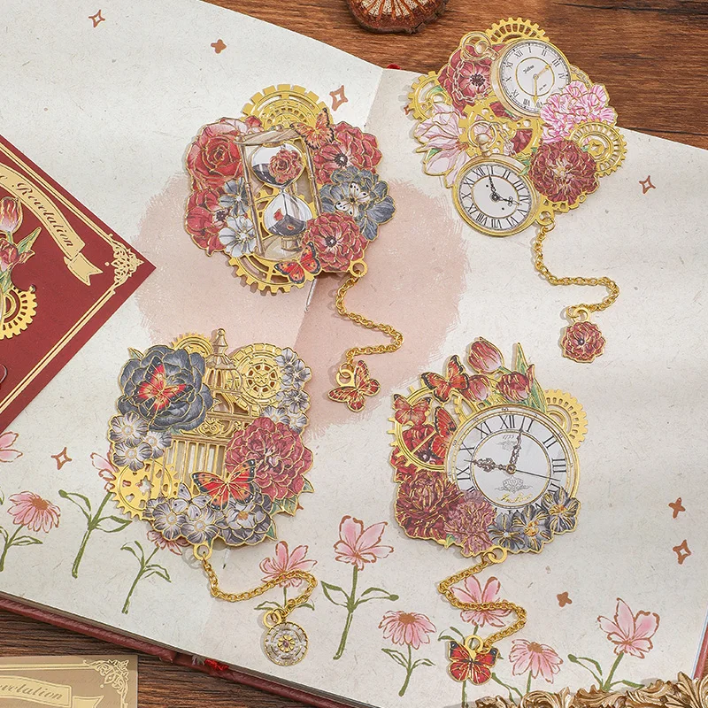 1 pc Vintage Clock And Flower Metal Bookmark With Metal Chain Pendant Bookmark Students Reading Tool For Book Lovers Writers view 2