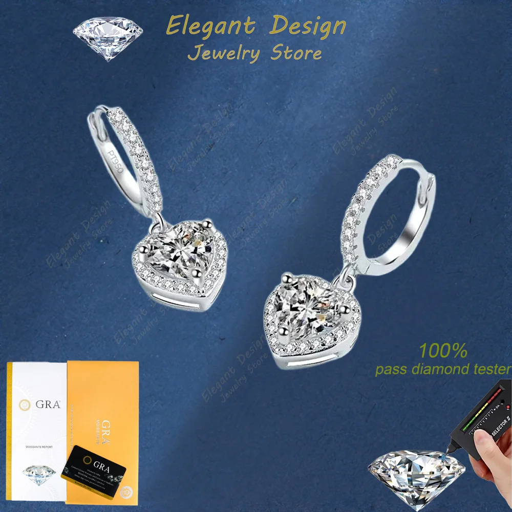 

Elegant Design PT950 Platinum Classic Heart-shaped Earrings, 2ct Heart Cut Moissanite Drop Earring for Women with GRA Certified