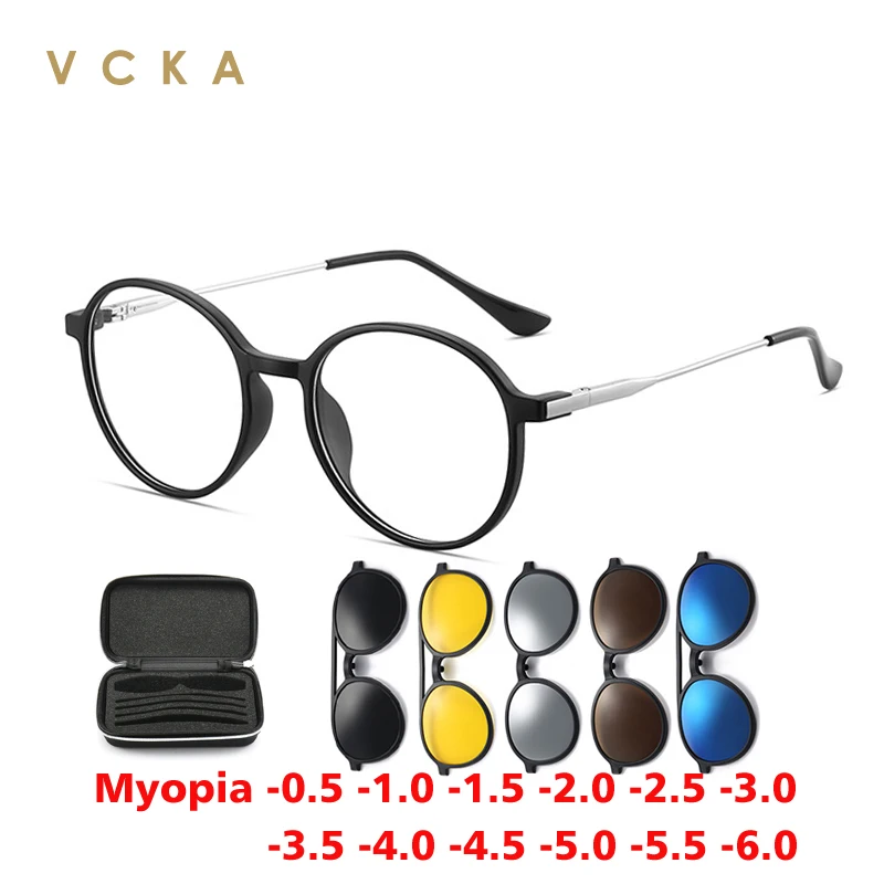 VCKA 6 In1 Round Magnetic Clip Myopia Sunglasses Frames Women Glasses Fashion Polarized Custom Prescription Eyewear -0.5 to -6.0