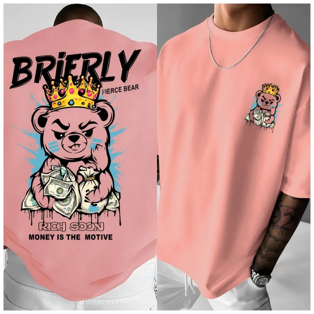 تي شيرت رجالي صيفي أمريكي الثروة تيدي بير مطبوع عليه حروف مريحة قابلة للتنفس برقبة دائرية في الهواء الطلق #3