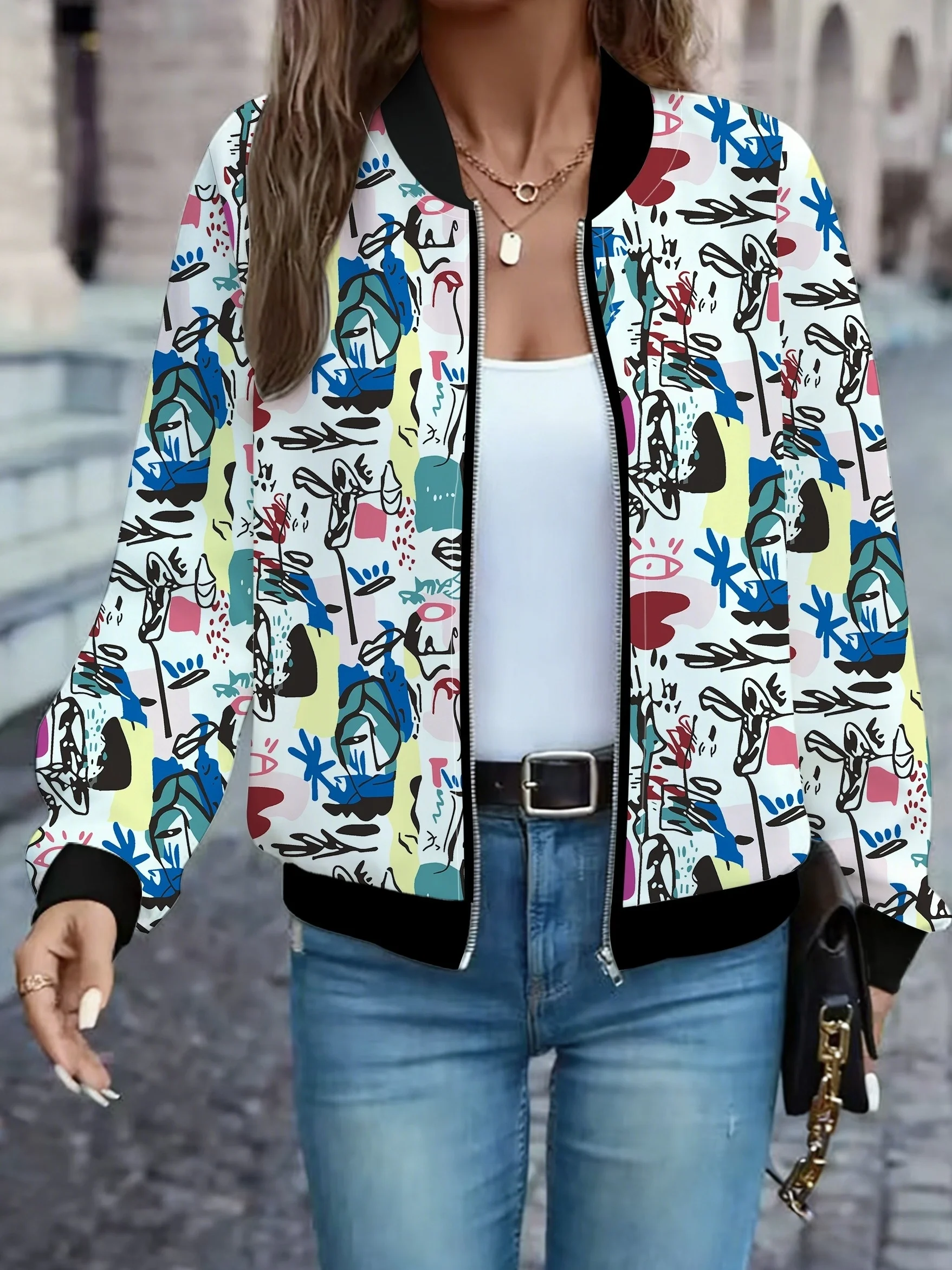 Street Style Abstract Graffiti Print Baseball Jacket Artistic Outfit Personalized Trendy Jacket Top