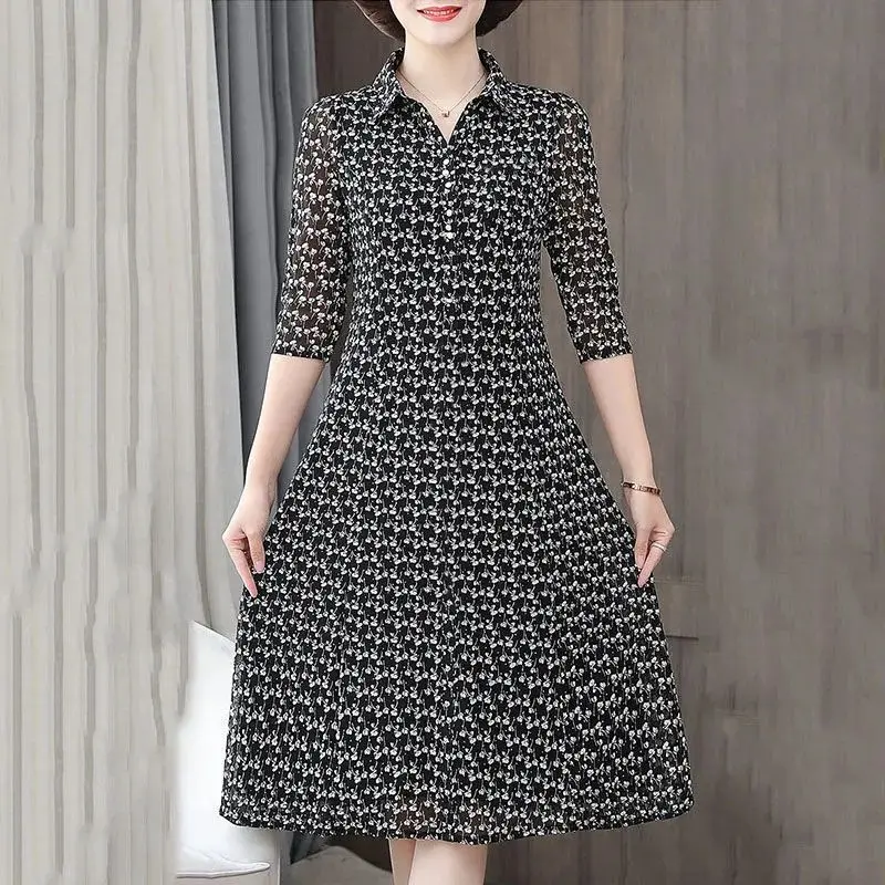 Middle Aged Women Vintage Floral Print Elegant Slim Three Quarter Sleeve Shirt Midi Dress Spring Casual Fashion Dresses Clothes