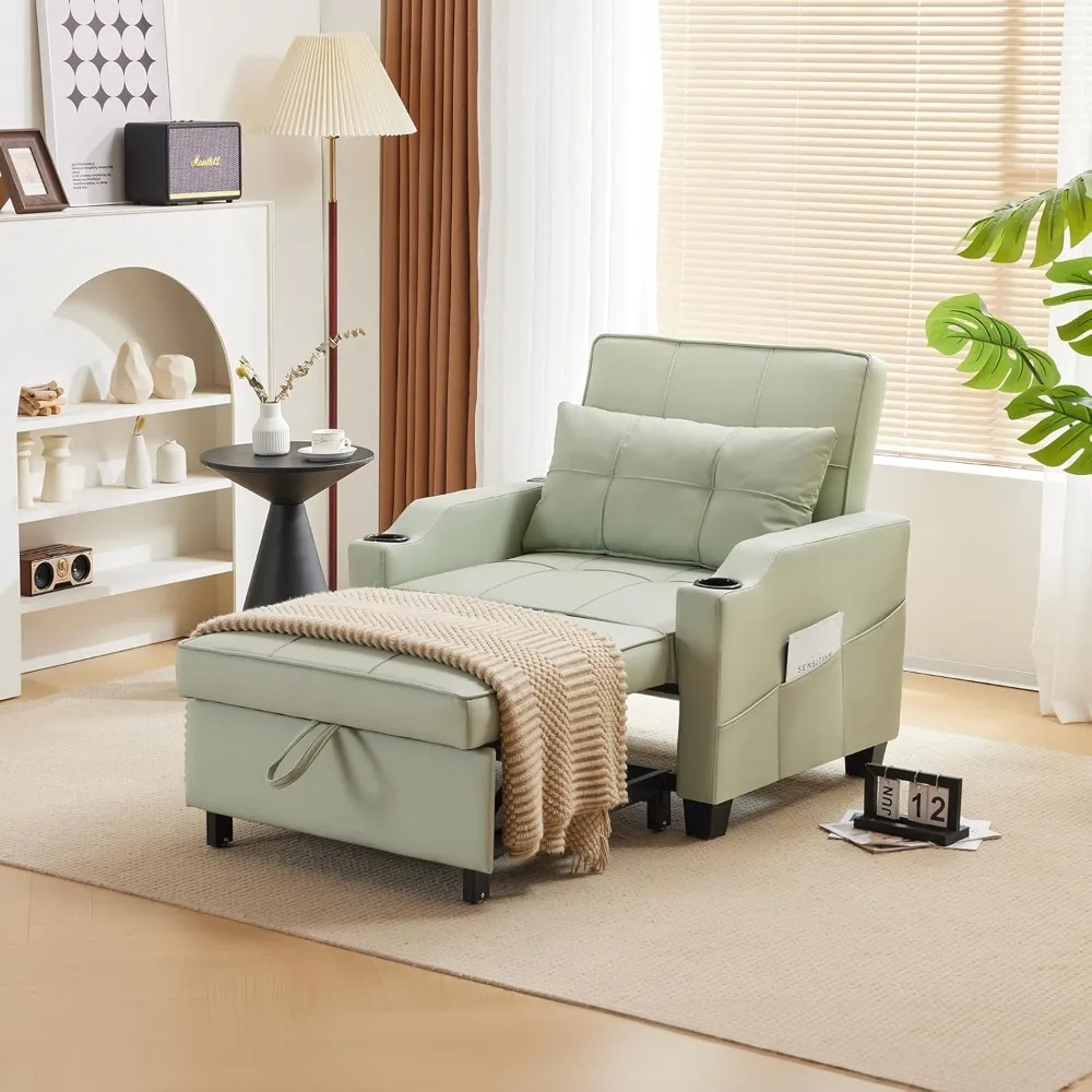 Sofa Bed Chair Recliner, 3-in-1 Convertible Sleeper Sofa Chair Bed Light Green Daybed Pull Out Couch Bed with Adjustable