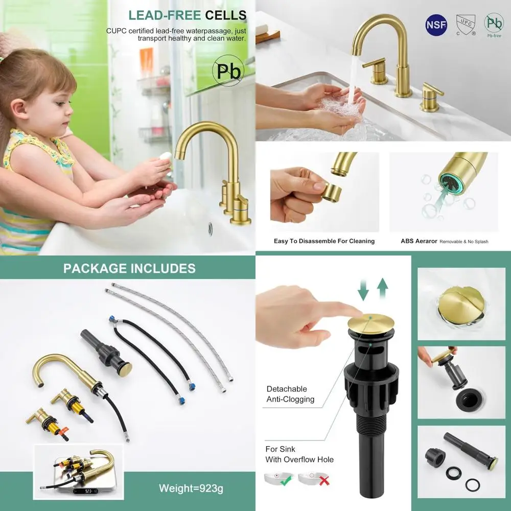 

8 Widespread 3-Hole Brushed Gold Bathroom Faucet with 4-12 Drain Assembly and 2-Handle Stainless Steel Supply Lines