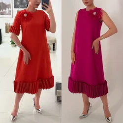 Jersey con plumas drapeadas, vestido Midi con cuentas de flores para fiesta, línea A, cuello redondo, a medida, para ocasiones, noche, Arabia Saudita, graduación