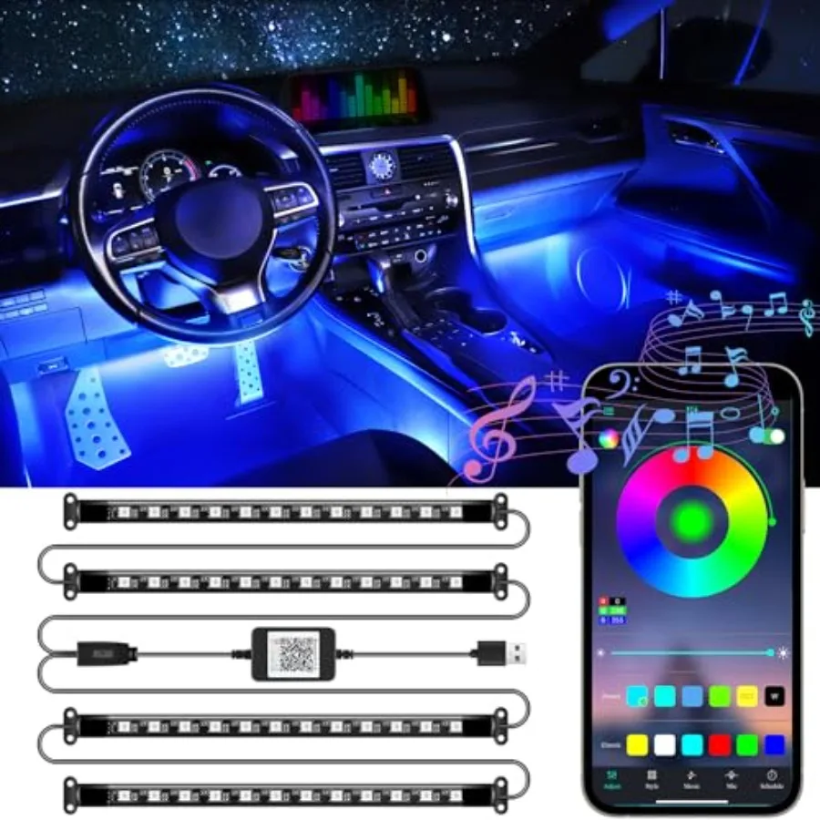 

Accent Interior Car Lights, Smart Car Interior Lights with App Control, RGB LED Lights with Music Mode and DIY Mode, 2 Lines De