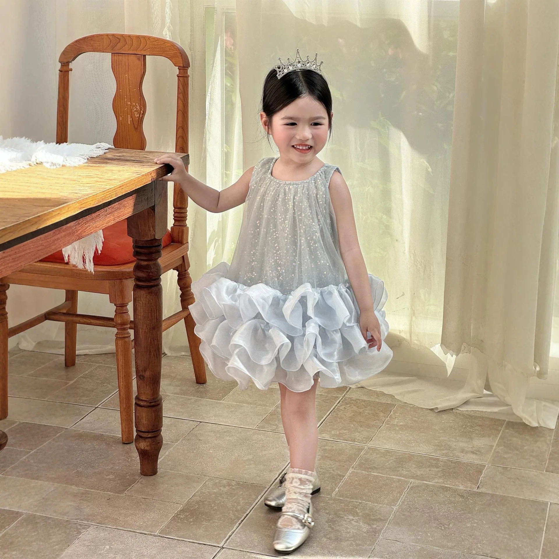Girls Summer Dream Fairy Blue Sequin Puffy Camisole Dress Birthday Gown Princess Dress Flower Girl Cake Mesh Hem