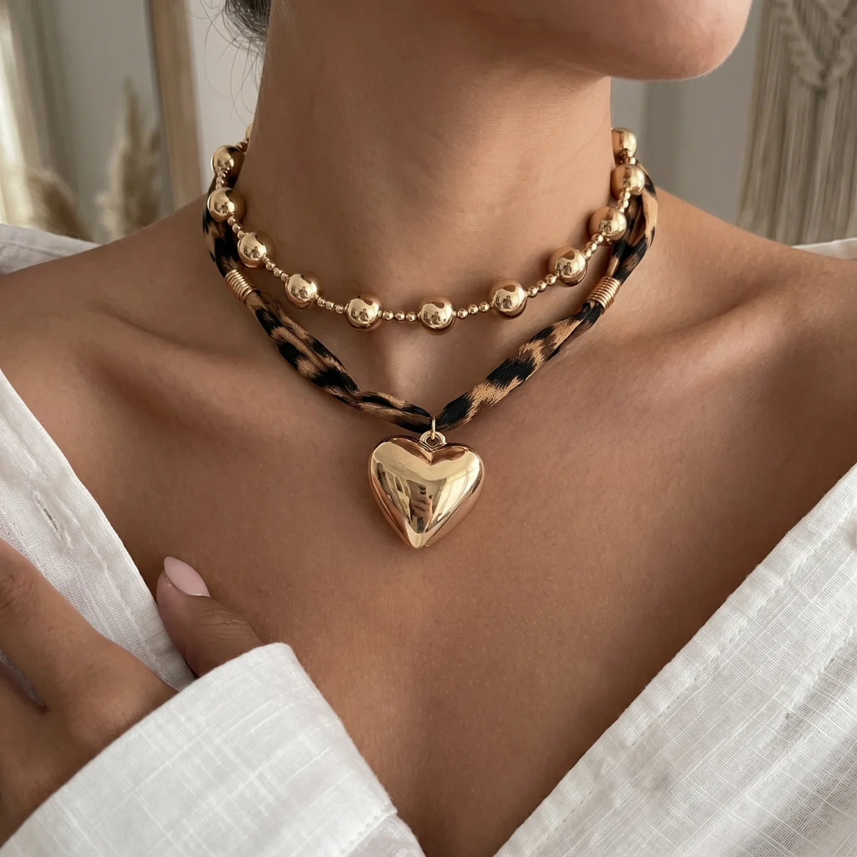 Bold Leopard Print Women's Statement Choker Necklace With Gold Color Ball Chain & Heart Pendant For Music Festivals & Parties