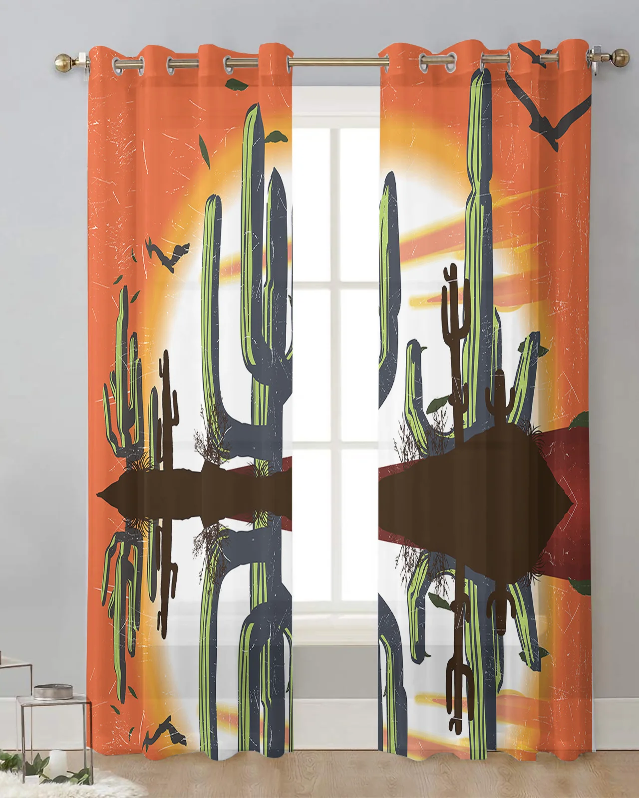 Cactus Desert Leaf Bird Sunset  Modern Tulle Curtains Living Room Voile Drapes Sheer Window Curtains Bedroom Accessories