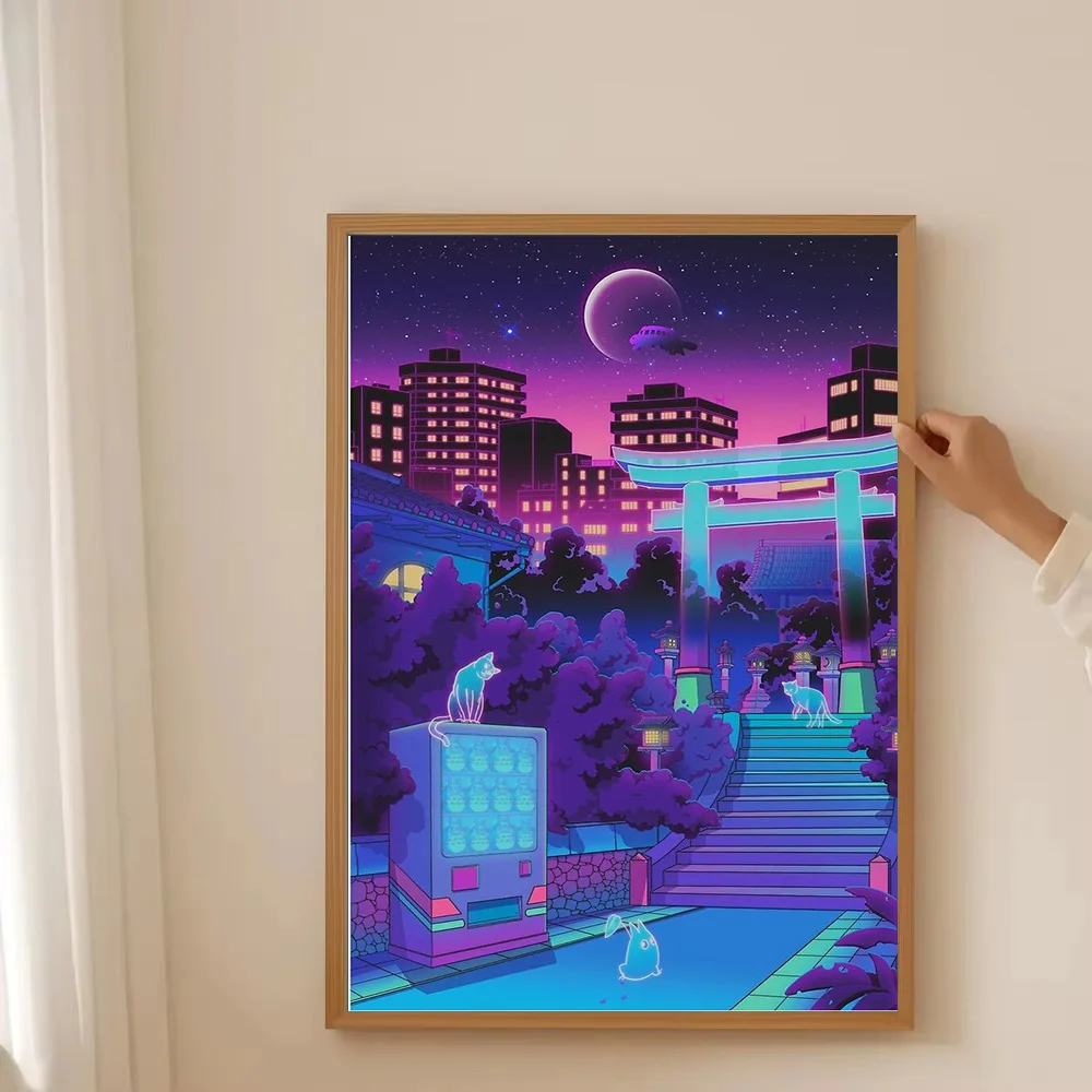 Vaporwave قماش جدار الفن Cyberpunk طوكيو سيتي سكيب النيون الجمالية غرفة ديكور انمي ياباني المشارك خمر الخيال العلمي