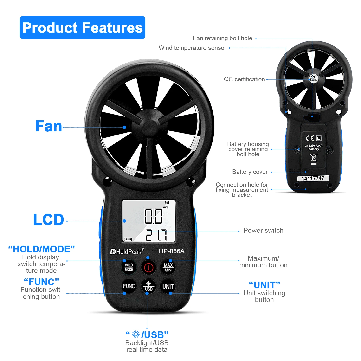 Imagem -03 - Holdpeak-anemômetro Digital Medidor de Velocidade do Vento Medida Temperatura Data Hold e Usb 866a