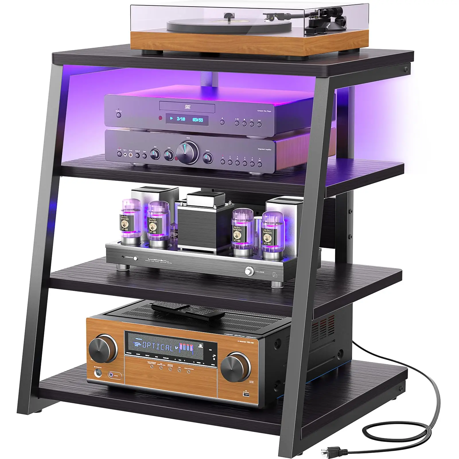 4-Tier AV Media Stand with Power Strips, Stereo Stand with LED Lights, Rack Audio Tower with Adjustable Shelves, Small