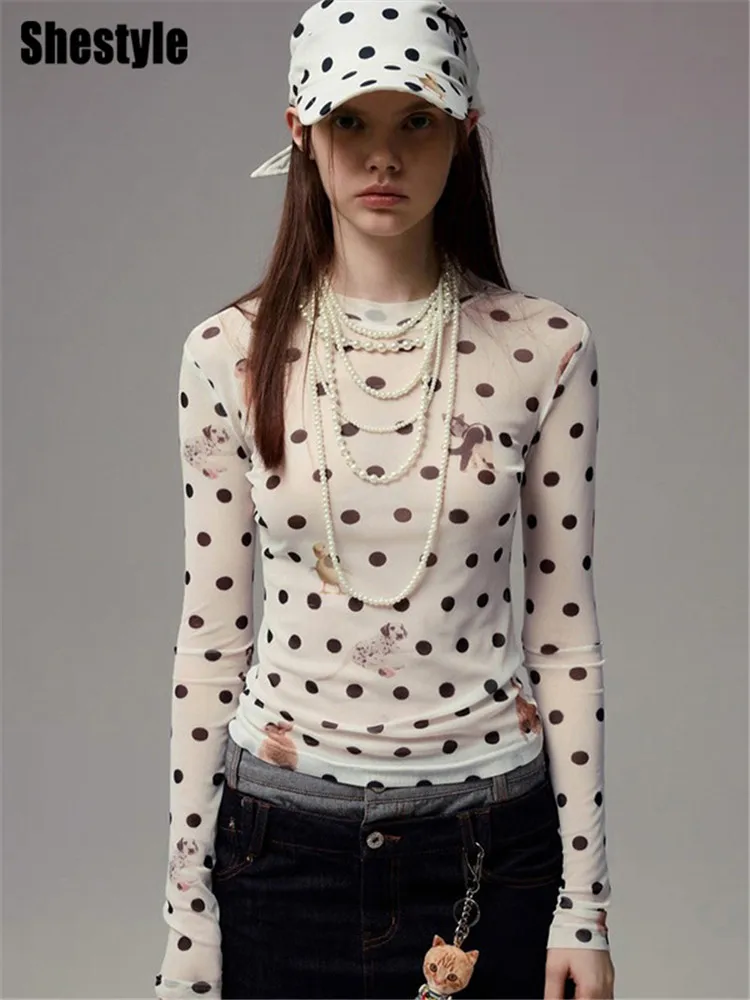 

Shestyle Polka Dot Mesh Stretchy T-Shirt Women Long Sleeve Crew Neck Sheer Animal Print Transparent Skinny Autumn Tops Y2K Hot