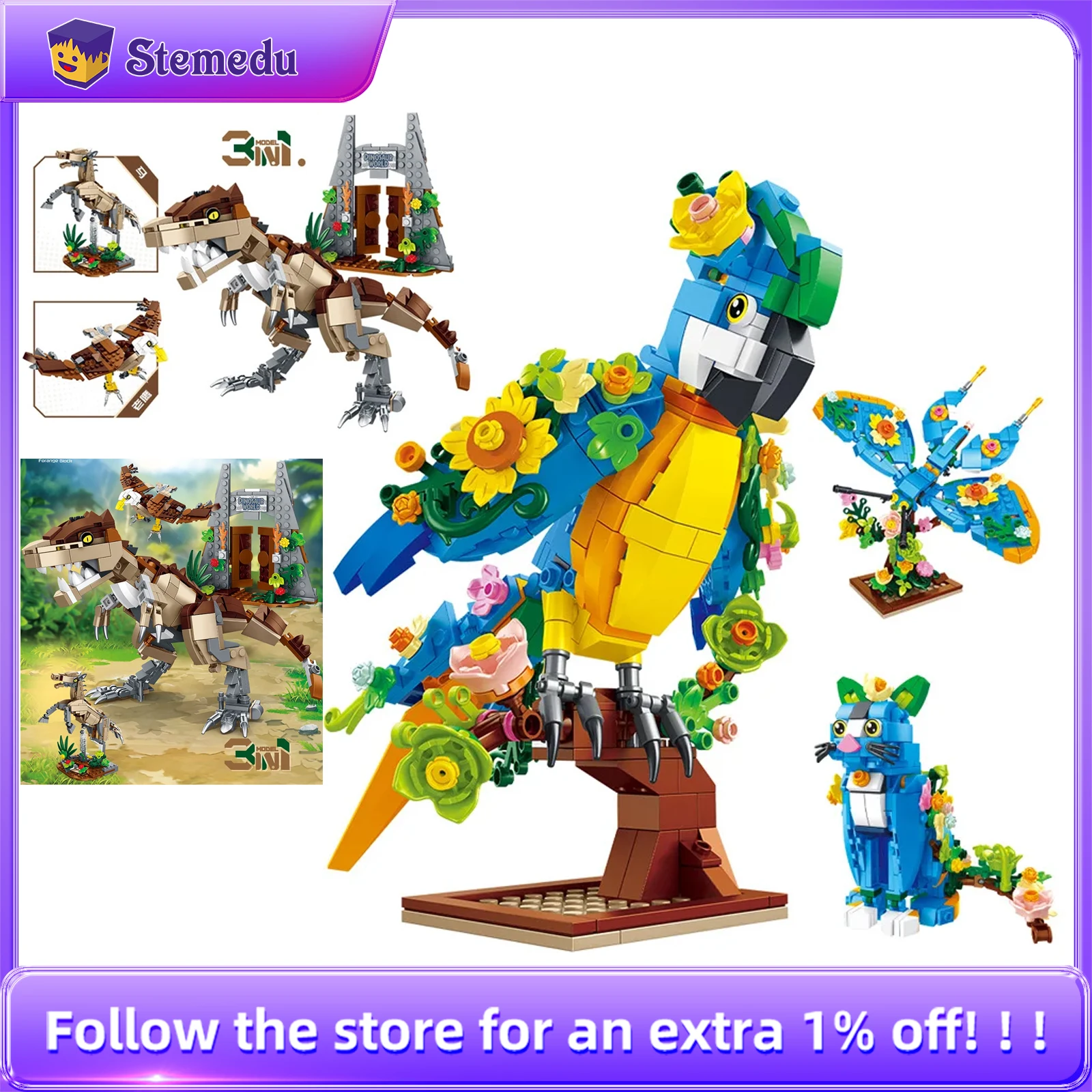 

MOC 3 IN 1 Flower Parrot Butterfly Cat Building Block Animal Model Jurass T-Rex Dinosaur Eagle Horse Kit Brick Toy Creative Gift