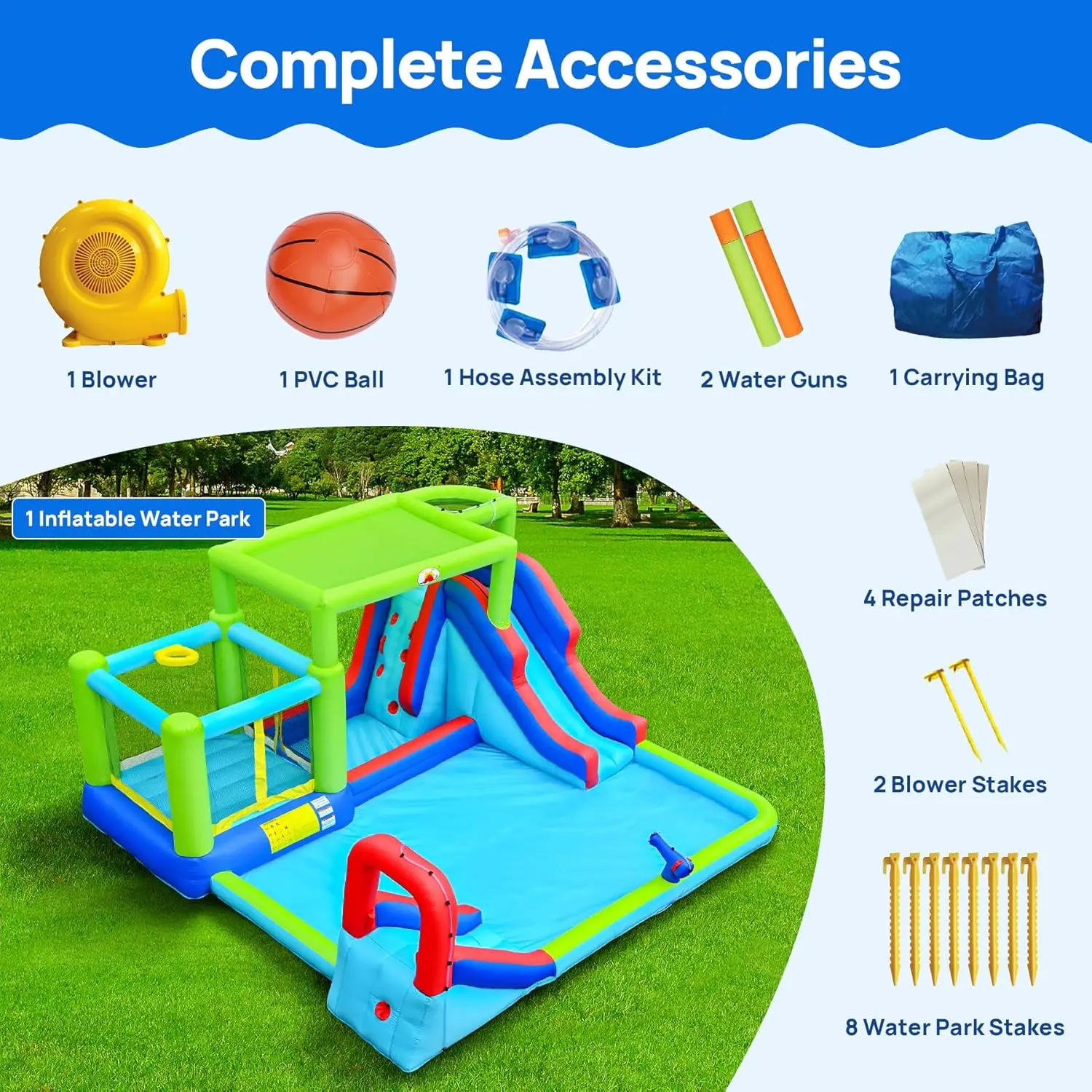 Inflatable Water Slide & Water Park with Blower, Dual Bounce House Jumping Castle with Sunshade, Climbing Wall & Basketball Hoop view 6