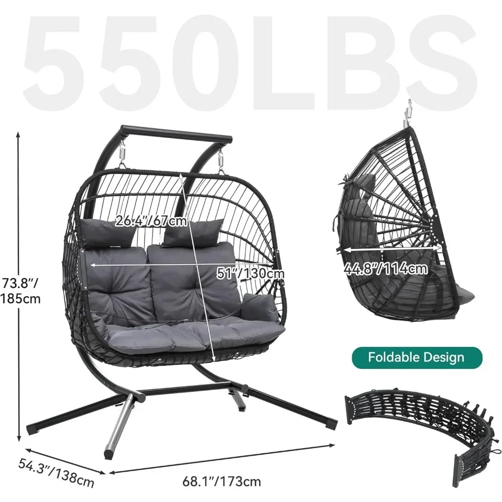 Hanging Egg Swing Chair, Patio 2 Person Couple Wicker Rattan Chairs, Outdoor Egg Chair with Cushions, Patio Swing