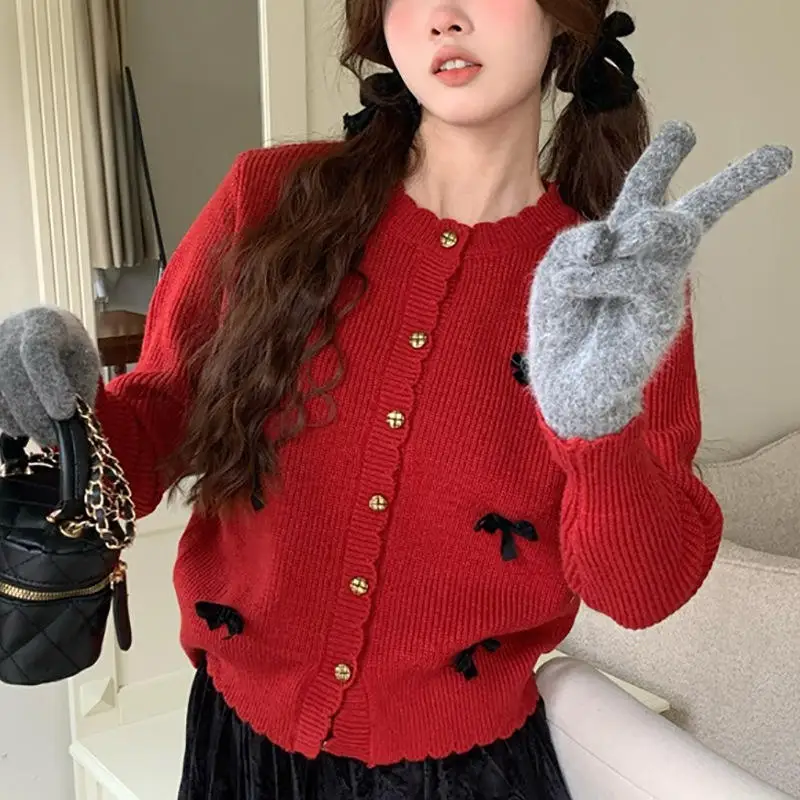 

Trendy Loose Knitted Sweater Coat Women's round Neck Knot Top Casual Style Polyester Fiber Single Piece Autumn 2024