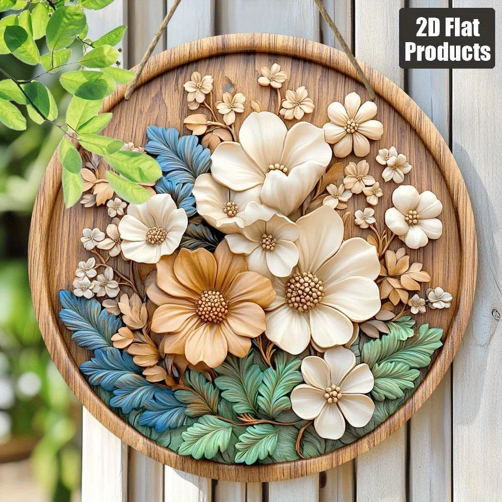 Ein flaches 2D-Stück rundes Holzschild mit floralem, kreativem Motiv, geeignet für die Dekoration von Partys und Festivals zu Hause