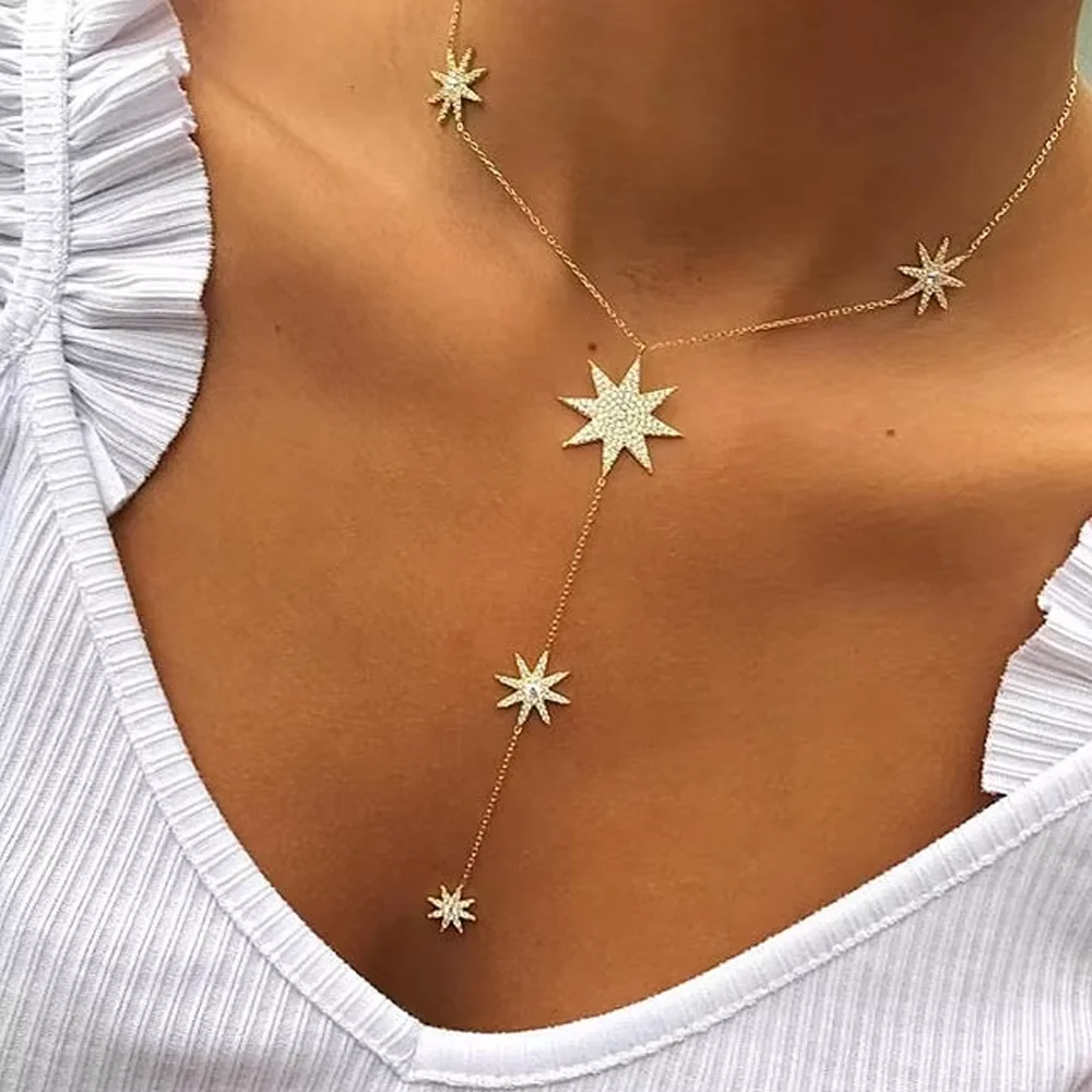 New Arrived Sparking Star Charm Y Shape Long Lariat Link Chain Necklaces For Sexy Women Gold Color Fashion Wedding Jewelry Gifts