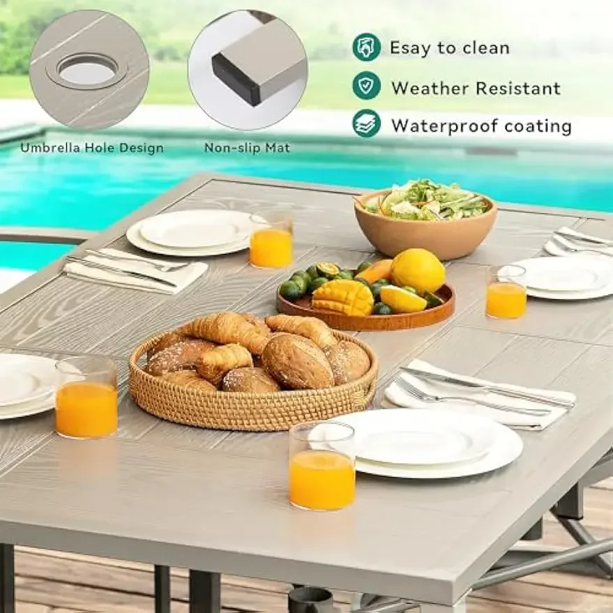 # Hot 7-Piece Patio Dining Set, Outdoor Wicker Conversation Furniture W/2 Rocking Chairs, Soft Gray Cushions & Wood Grain Dining