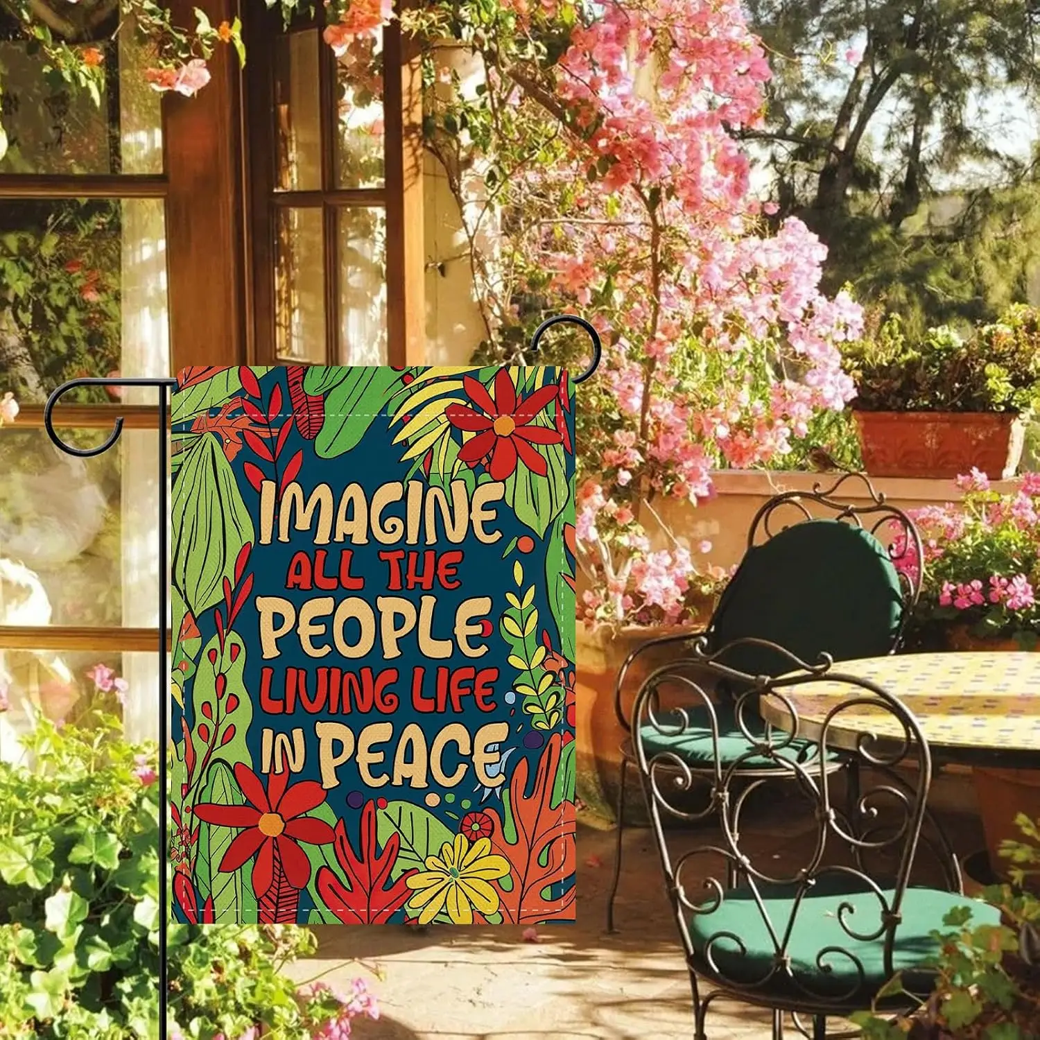 Dyrenson Imagine All The People Living Life in Peace Decorative Garden Flag, Peaceful Floral Inspirational Yard Outside Home IIC