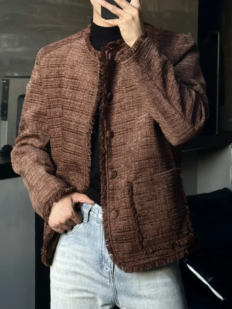

Collarless Tweed Blazer Jacket Chic Men's Korean Spring Fall Elegant Short Fringe Trim Coat Trendy Frayed Casual Outerwear