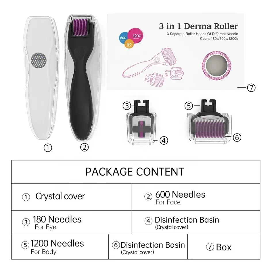 Ekai DRS 3 en 1 rodillo Derma médico de acero inoxidable herramienta para el cuidado de la piel Microneedling Dermaroller Kit de crecimiento del cabello y la barba