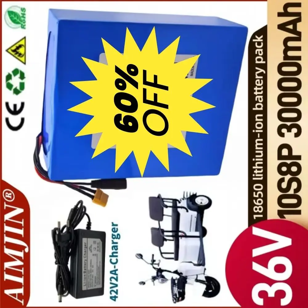 36V 30Ah 10S8P A-Class 18650 Lithium Battery Pack for Electric Scooters Vehicles Bicycles with 1500W BMS High-Performance Batter