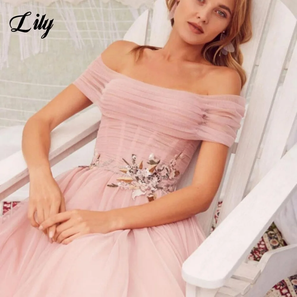 Lily Pink Elegante abito formale con spalle scoperte Abito da ballo senza schienale A-Line Pieghe Abiti da sera per feste per donna Personalizzati