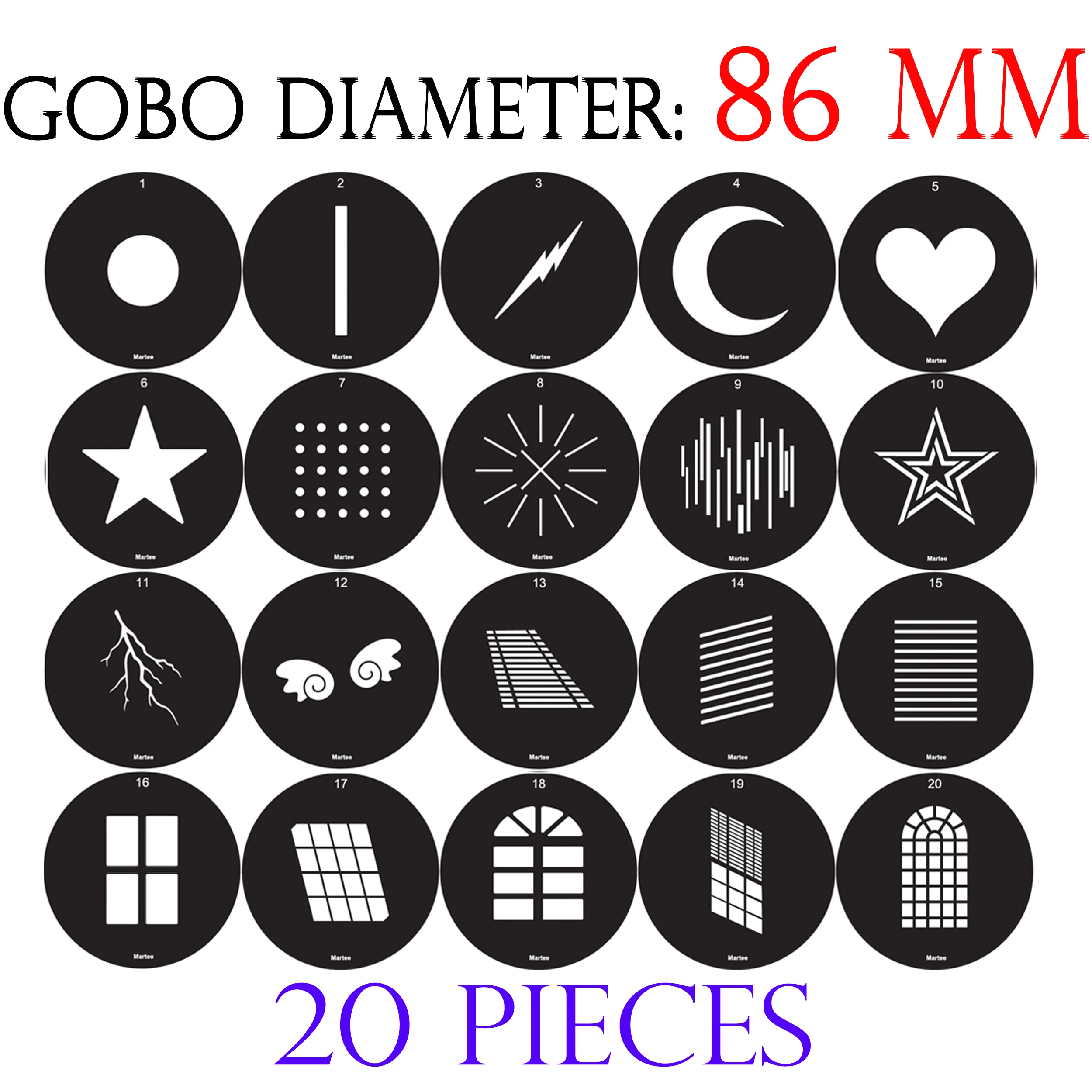 Juego completo de insertos de Flash estampados de 86mm para gráficos de película de efecto de luz de acero inoxidable General VSA19K\26K\36K gobos de tamaño B