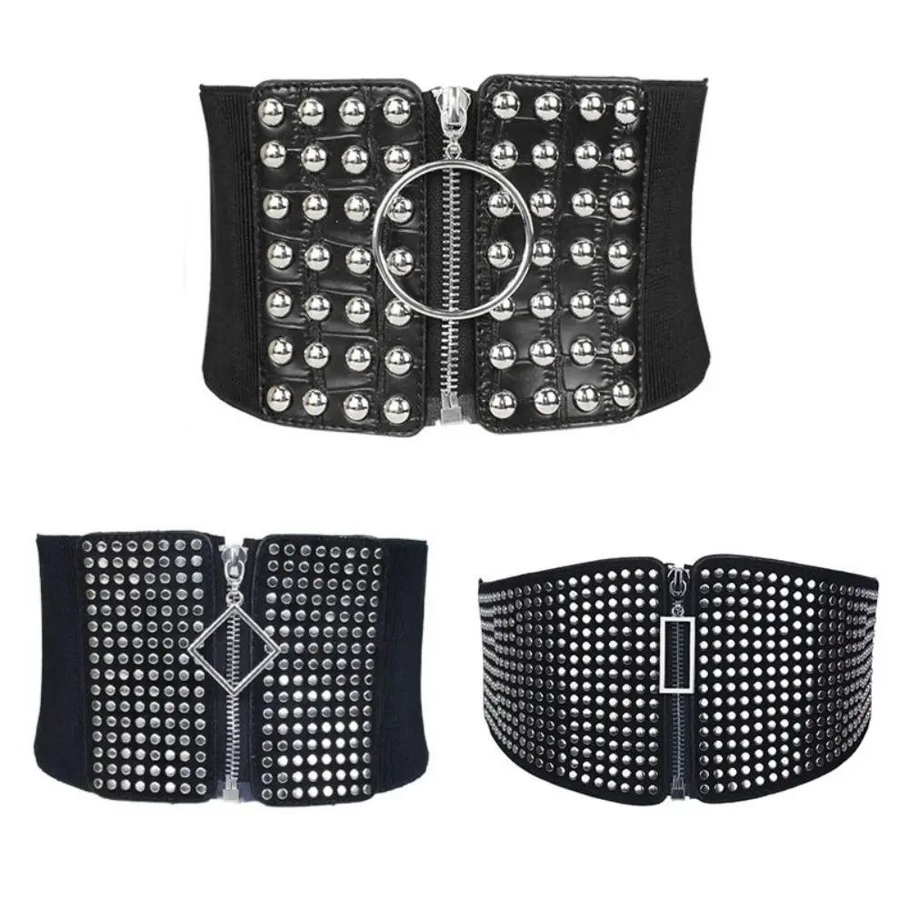 Fashion Rivet Elastic Cummerbund Belt Knitted Black Wide Waistband Slimming Body High Waist Ladies Zipper Waist Belt Decorative