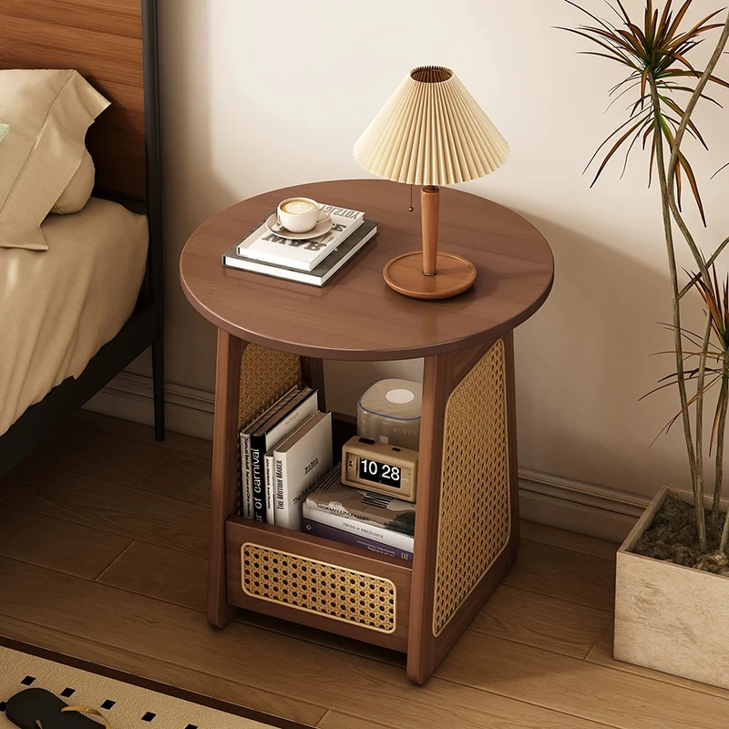 Solid Wood Rattan Bedside Table,Bedroom Nightstand,Round Coffee Table,Living Room Sofa Side Table,Storage Desk,Nordic Furniture