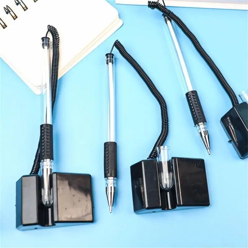 10Pcs Desktop Counter Pen Security Gel Pen Black Netural Pen with Adhesive-backed Base for Bank Office Hotel Use