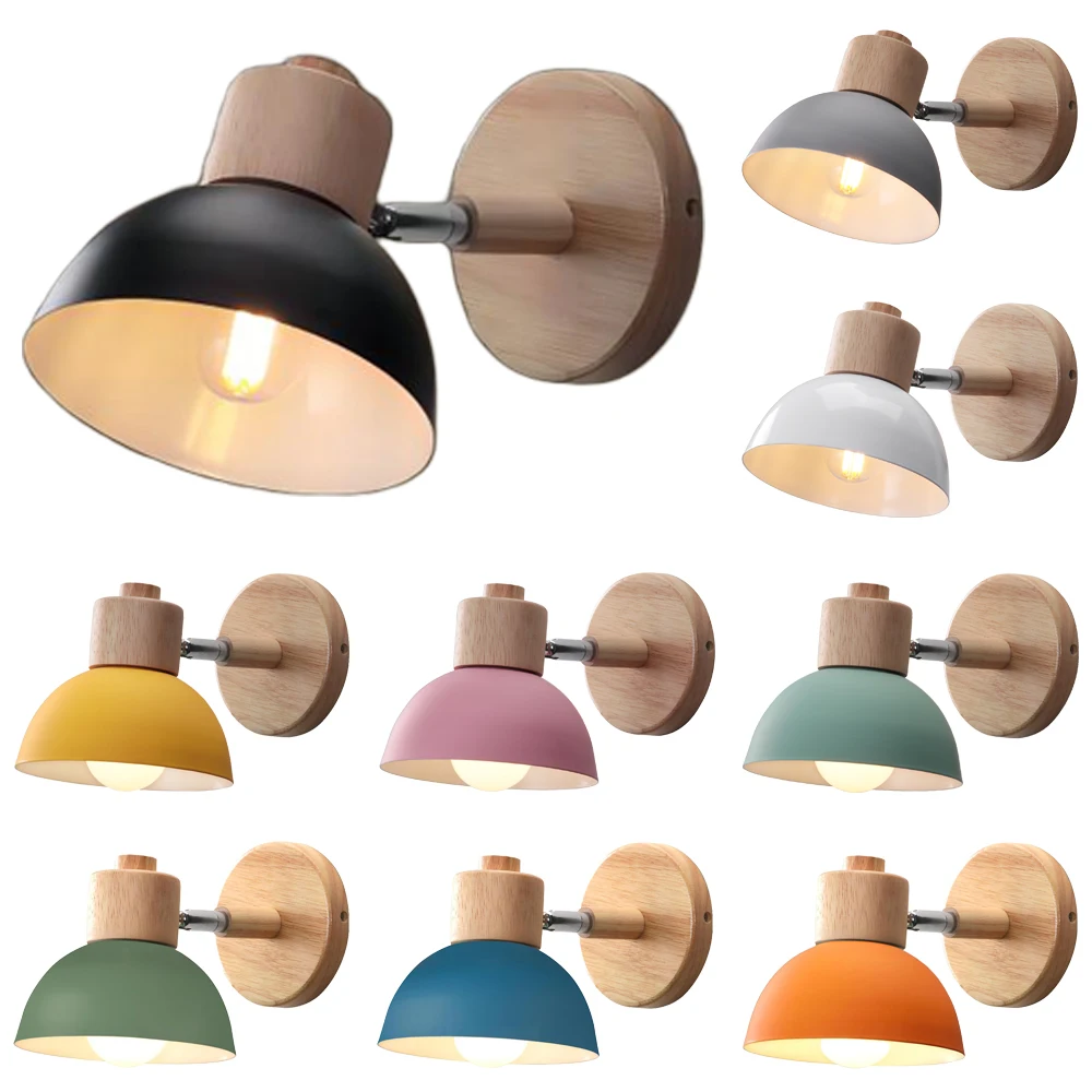 

Nordic Modern Wall Lamps Iron Bedside Lamp E27 Bulb Led Creative Macaron Wood Bedroom Living Room Wall Light Indoor Lighting