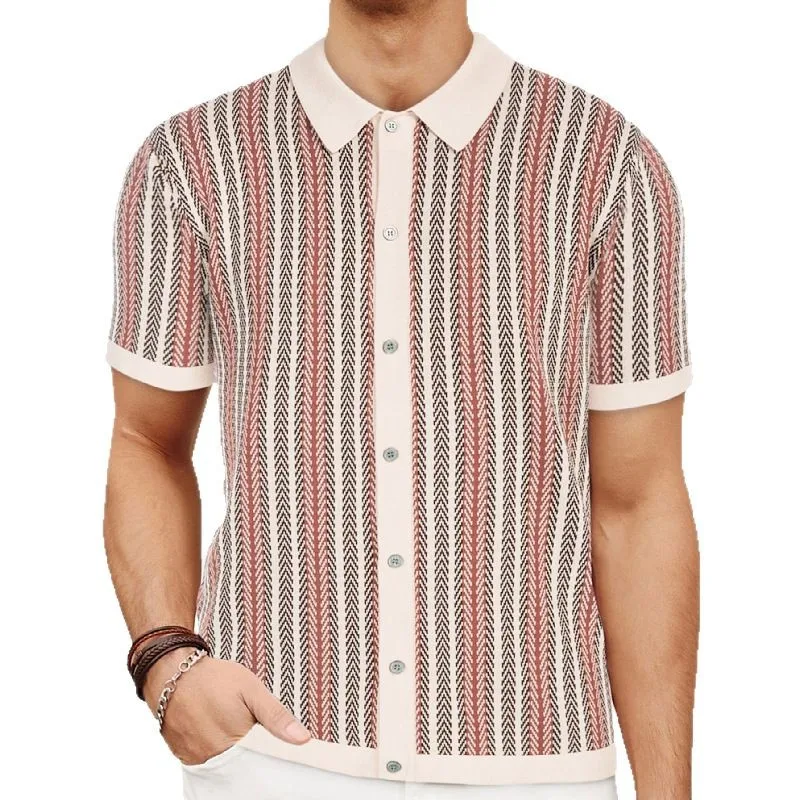 

Новая шикарная мужская деловая рубашка-поло, повседневная полосатая вязаная кардиган с короткими рукавами на пуговицах, топы, винтажная модная блузка для отдыха