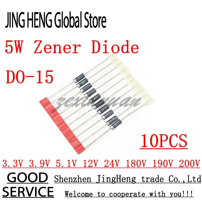 10 Stuks 5W Zener Diode Do-15 3.3V 1n5333b 3.9V 1n5335b 5.1V 1n5338b 180V 1n5386b 190V 1n5387b 200V 1n5388b 12V 1n5349b 1n5359b