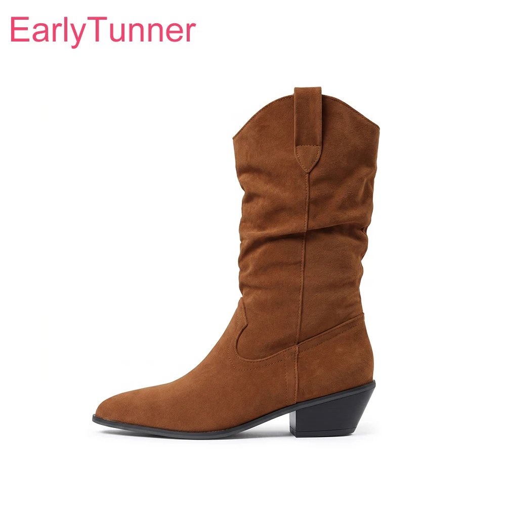 2026 Winter Comfortable Women Mid Calf Slouch Boots High Chunky Heels Lady Dress Shoes Large Plus Size 12 47 50