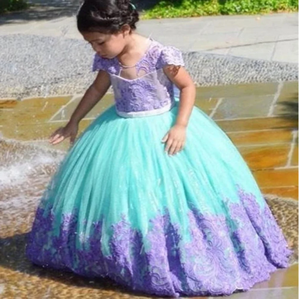 Cute Flower Girl Dresses Bow Fluffy Tulle Appliqués Birthday Pageant Demoiselle First Communion Wedding Banquet Baptism