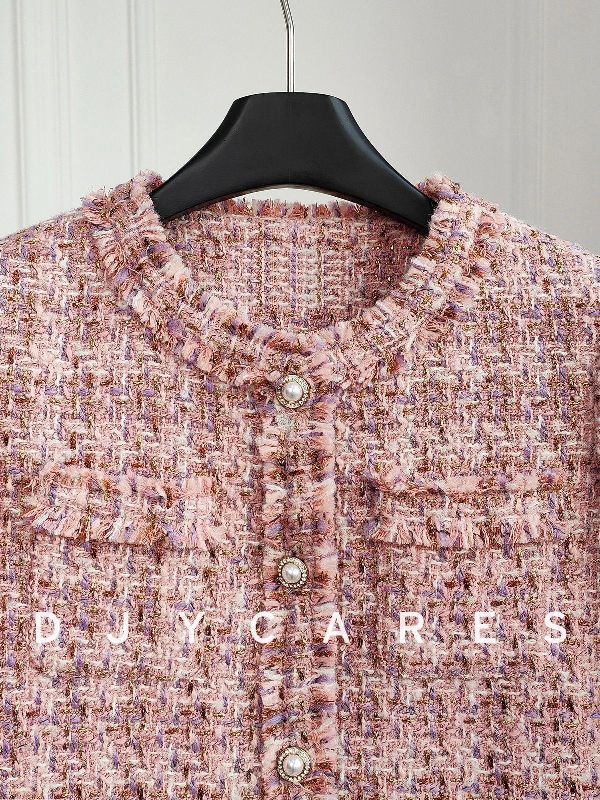 New Coarse tweed pink round neck jacket with tassel edge wool woven top big  size
