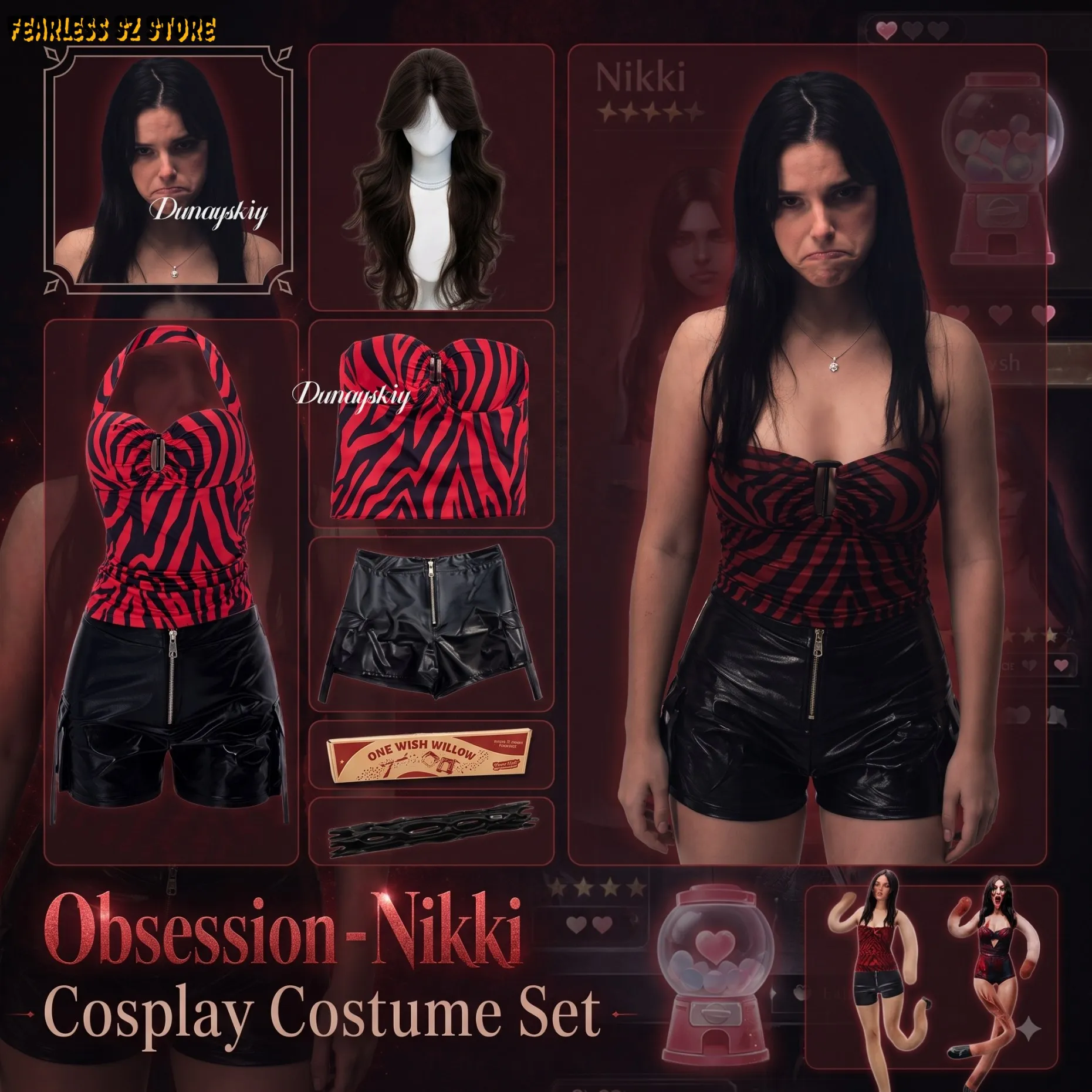Nikki Cosplay Film d'Horreur Obsession ONE WISH WILLOW Accessoires Costume de Jeu de Rôle pour Fête d'Halloween Haut Halter en PU Perruques Courtes Ensemble Complet