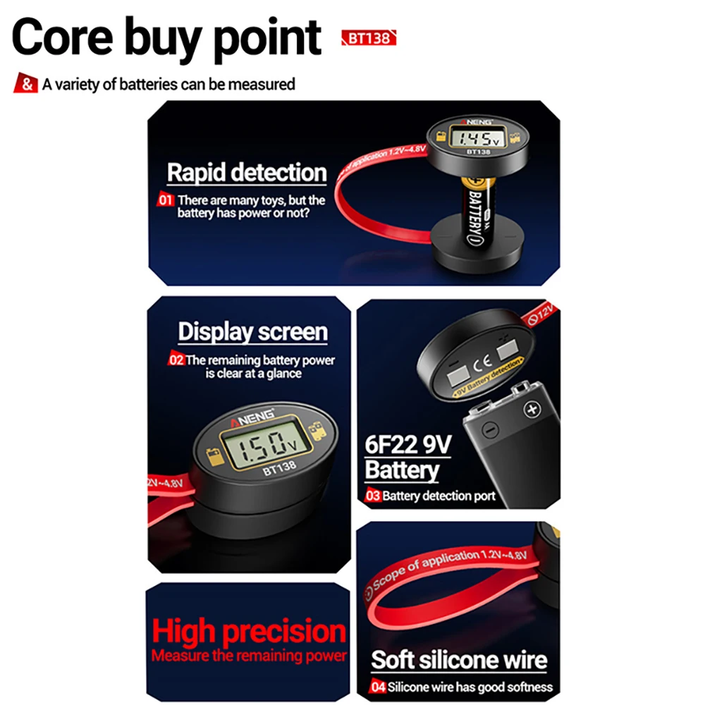 Battery Tester, Digital Display Magnetic Design, Fast 1-Second Detection for AA/AAA/9V/Button/Lithium Batteries, No Power Needed