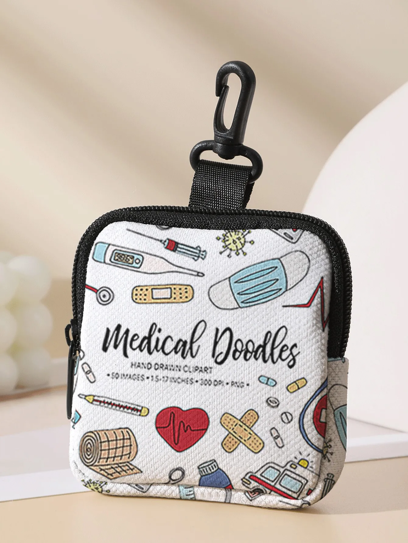 1pc, Portable coin purse with medical doodle patterns, small storage bag for coins and accessories