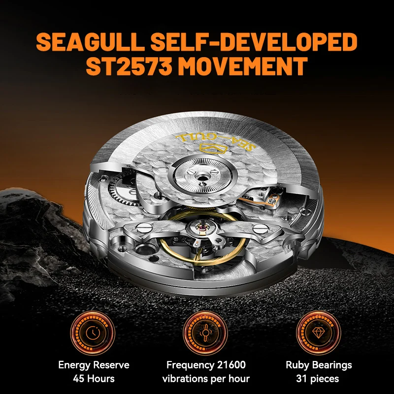 Seagull Dual Time Zone Watch Men Calendar Skeleton Automatic Mechanical Flywheel Sports Wristwatch Sapphire Clock 6167H 2024 New