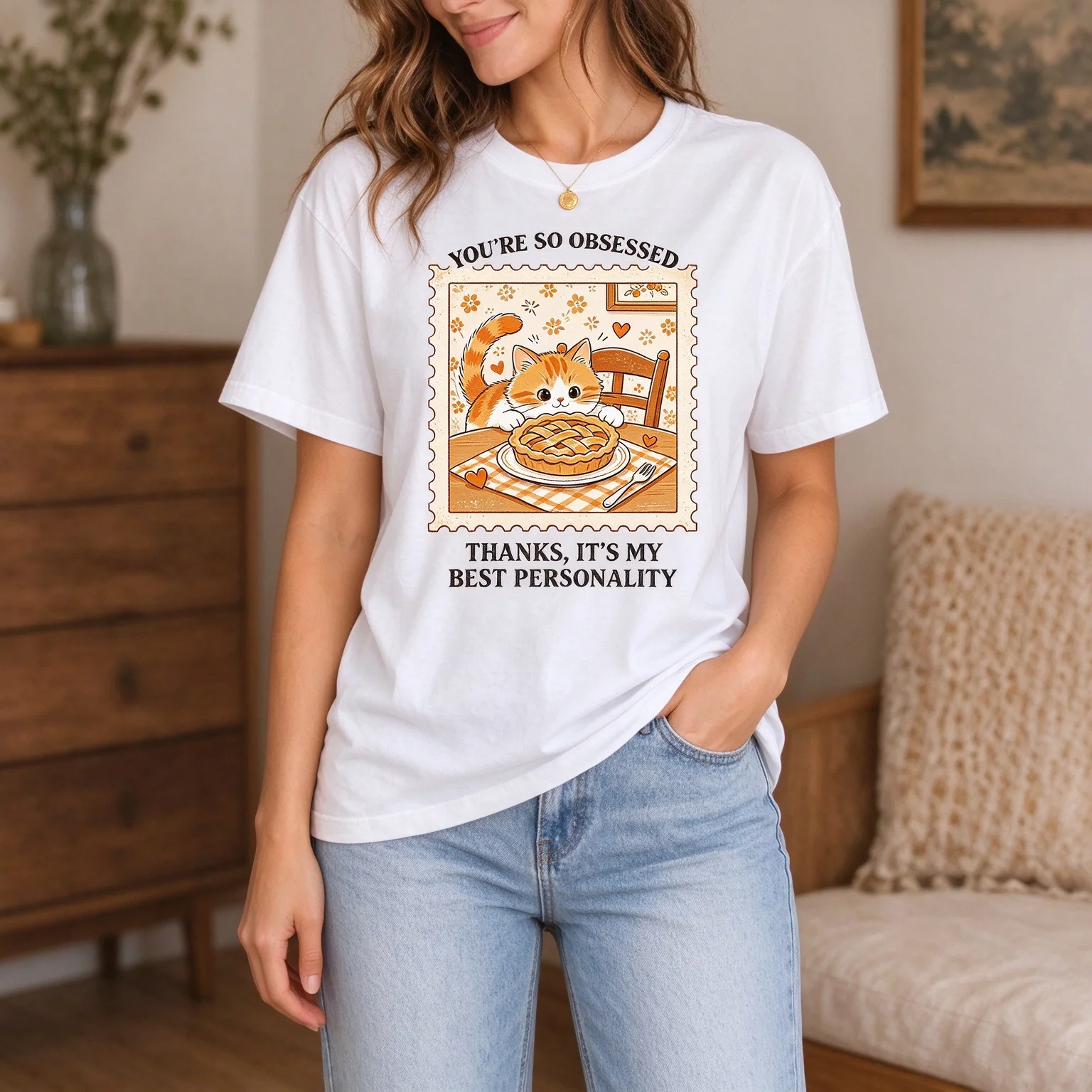 Women Cute Orange Cat Pie Stamp Letter Graphic T Shirt Funny Casual Crew Neck Summer Short Sleeve Tee
